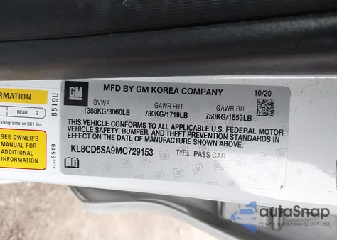 2021 Chevrolet Spark Fwd 1Lt Automatic z USA, uszkodzony, nr VIN KL8CD6SA9MC729153